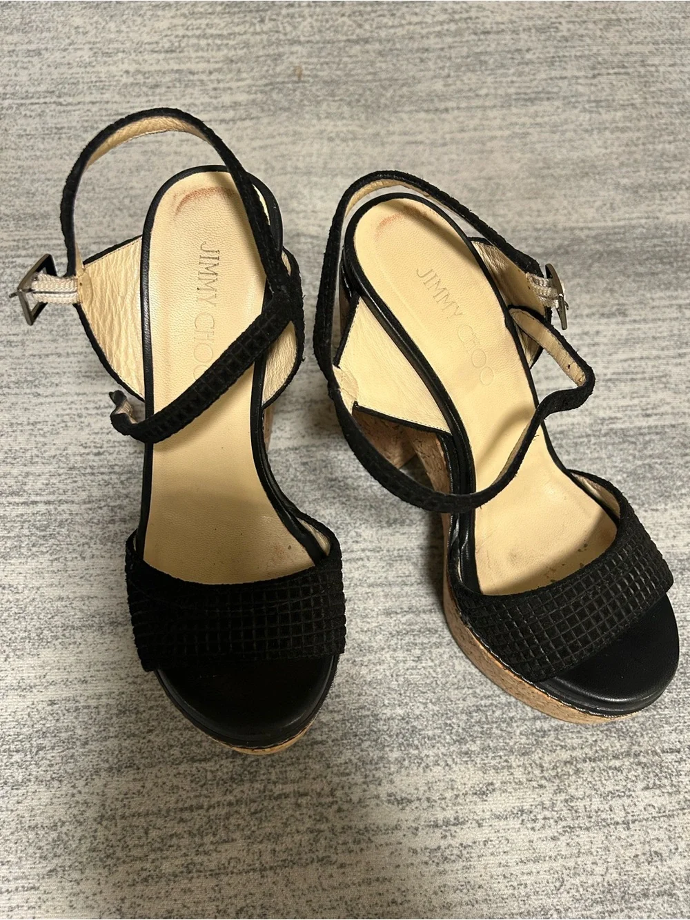 Jimmy Choo Black Leather Cork Wedge Sandals